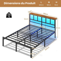 Cadre de Lit avec Sommier à Lattes en Métal Éclairage LED Station de Charge Tête de Lit et Rangement sous le Lit Noir/Marron - FR.SIKAIC