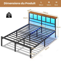 Cadre de Lit avec Sommier à Lattes en Métal Éclairage LED Station de Charge Tête de Lit et Rangement sous le Lit Noir/Marron - FR.SIKAIC