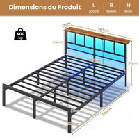 Cadre de Lit avec Sommier à Lattes en Métal Éclairage LED Station de Charge Tête de Lit et Rangement sous le Lit Noir/Marron - FR.SIKAIC