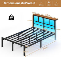 Cadre de Lit avec Sommier à Lattes en Métal Éclairage LED Station de Charge Tête de Lit et Rangement sous le Lit Noir/Marron - FR.SIKAIC