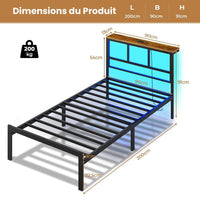 Cadre de Lit avec Sommier à Lattes en Métal Éclairage LED Station de Charge Tête de Lit et Rangement sous le Lit Noir/Marron - FR.SIKAIC