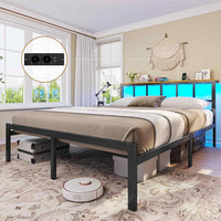 Cadre de Lit avec Sommier à Lattes en Métal Éclairage LED Station de Charge Tête de Lit et Rangement sous le Lit Noir/Marron - FR.SIKAIC