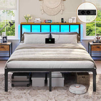 Cadre de Lit avec Sommier à Lattes en Métal Éclairage LED Station de Charge Tête de Lit et Rangement sous le Lit Noir/Marron - FR.SIKAIC