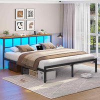 Cadre de Lit avec Sommier à Lattes en Métal Éclairage LED Station de Charge Tête de Lit et Rangement sous le Lit Noir/Marron - FR.SIKAIC