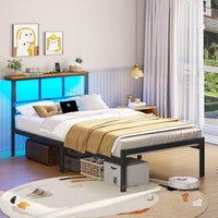 Cadre de Lit avec Sommier à Lattes en Métal Éclairage LED Station de Charge Tête de Lit et Rangement sous le Lit Noir/Marron - FR.SIKAIC