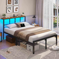 Cadre de Lit avec Sommier à Lattes en Métal Éclairage LED Station de Charge Tête de Lit et Rangement sous le Lit Noir/Marron - FR.SIKAIC