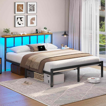 Cadre de Lit avec Sommier à Lattes en Métal Éclairage LED Station de Charge Tête de Lit et Rangement sous le Lit Noir/Marron - FR.SIKAIC