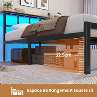 Cadre de Lit avec Sommier à Lattes en Métal Éclairage LED Station de Charge Tête de Lit et Rangement sous le Lit Noir/Marron - FR.SIKAIC