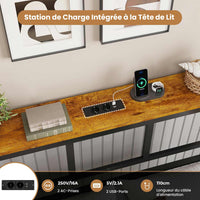 Cadre de Lit avec Sommier à Lattes en Métal Éclairage LED Station de Charge Tête de Lit et Rangement sous le Lit Noir/Marron - FR.SIKAIC