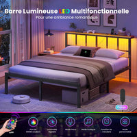 Cadre de Lit avec Sommier à Lattes en Métal Éclairage LED Station de Charge Tête de Lit et Rangement sous le Lit Noir/Marron - FR.SIKAIC