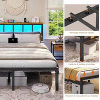 Cadre de Lit avec Sommier à Lattes en Métal Éclairage LED Station de Charge Tête de Lit et Rangement sous le Lit Noir/Marron - FR.SIKAIC