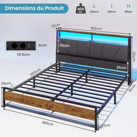 FR.SIKAIC Lits et Cadres de Lit Cadre de Lit avec Sommier Métal avec Lumières LED Multiprise Tête de Lit avec Rangement Marron Vintage Gris