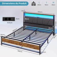 FR.SIKAIC Lits et Cadres de Lit Cadre de Lit avec Sommier Métal avec Lumières LED Multiprise Tête de Lit avec Rangement Marron Vintage Gris