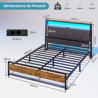 FR.SIKAIC Lits et Cadres de Lit Cadre de Lit avec Sommier Métal avec Lumières LED Multiprise Tête de Lit avec Rangement Marron Vintage Gris