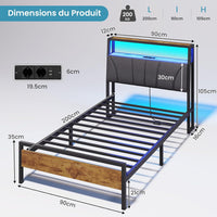 FR.SIKAIC Lits et Cadres de Lit Cadre de Lit avec Sommier Métal avec Lumières LED Multiprise Tête de Lit avec Rangement Marron Vintage Gris