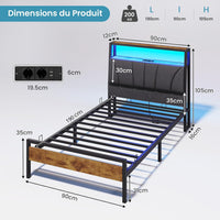 FR.SIKAIC Lits et Cadres de Lit Cadre de Lit avec Sommier Métal avec Lumières LED Multiprise Tête de Lit avec Rangement Marron Vintage Gris