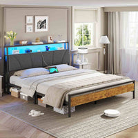 FR.SIKAIC Lits et Cadres de Lit Marron/Gris Vintage / 160 x 200 cm / Moderne Cadre de Lit avec Sommier Métal avec Lumières LED Multiprise Tête de Lit avec Rangement Marron Vintage Gris