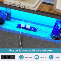 FR.SIKAIC Lits et Cadres de Lit Cadre de Lit avec Sommier Métal avec Lumières LED Multiprise Tête de Lit avec Rangement Marron Vintage Gris