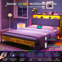 FR.SIKAIC Lits et Cadres de Lit Cadre de Lit avec Sommier Métal avec Lumières LED Multiprise Tête de Lit avec Rangement Marron Vintage Gris