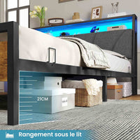 FR.SIKAIC Lits et Cadres de Lit Cadre de Lit avec Sommier Métal avec Lumières LED Multiprise Tête de Lit avec Rangement Marron Vintage Gris