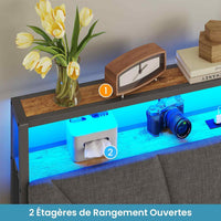 FR.SIKAIC Lits et Cadres de Lit Cadre de Lit avec Sommier Métal avec Lumières LED Multiprise Tête de Lit avec Rangement Marron Vintage Gris