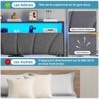 FR.SIKAIC Lits et Cadres de Lit Cadre de Lit avec Sommier Métal avec Lumières LED Multiprise Tête de Lit avec Rangement Marron Vintage Gris