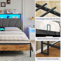 FR.SIKAIC Lits et Cadres de Lit Cadre de Lit avec Sommier Métal avec Lumières LED Multiprise Tête de Lit avec Rangement Marron Vintage Gris