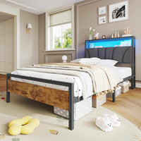 FR.SIKAIC Lits et Cadres de Lit Marron/Gris Vintage / 90 x 200 cm / Moderne Cadre de Lit avec Sommier Métal avec Lumières LED Multiprise Tête de Lit avec Rangement Marron Vintage Gris