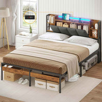 FR.SIKAIC Lits et Cadres de Lit Marron/Gris Foncé / 140 x 200 cm / Moderne Cadre de Lit avec Tête de Lit de Rangement LED Multiprise Rangement sous le Lit