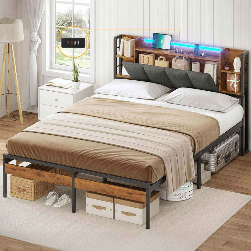 FR.SIKAIC Lits et Cadres de Lit Marron/Gris Foncé / 140 x 200 cm / Moderne Cadre de Lit avec Tête de Lit de Rangement LED Multiprise Rangement sous le Lit