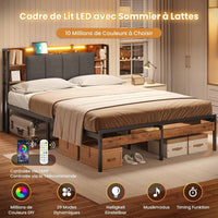 FR.SIKAIC Lits et Cadres de Lit Cadre de Lit avec Tête de Lit de Rangement LED Multiprise Rangement sous le Lit