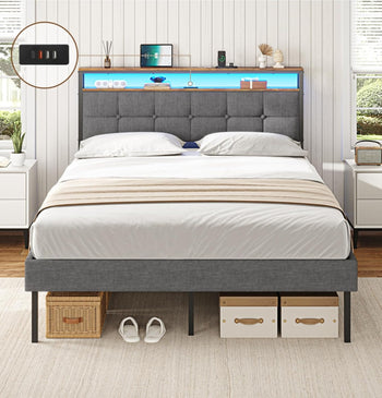 FR.SIKAIC Lits et Cadres de Lit Gris / 140 x 190 cm / Moderne Cadre de Lit avec Tête de Lit LED Multiprise Sommier Métal Capitonnée en Lin Gris