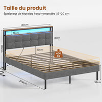 FR.SIKAIC Lits et Cadres de Lit Cadre de Lit avec Tête de Lit LED Multiprise Sommier Métal Capitonnée en Lin Gris