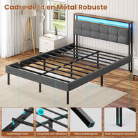 FR.SIKAIC Lits et Cadres de Lit Cadre de Lit avec Tête de Lit LED Multiprise Sommier Métal Capitonnée en Lin Gris