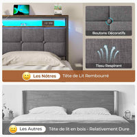 FR.SIKAIC Lits et Cadres de Lit Cadre de Lit avec Tête de Lit LED Multiprise Sommier Métal Capitonnée en Lin Gris