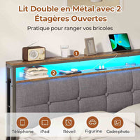 FR.SIKAIC Lits et Cadres de Lit Cadre de Lit avec Tête de Lit LED Multiprise Sommier Métal Capitonnée en Lin Gris