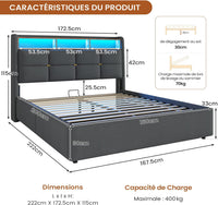 FR.SIKAIC Lits et Cadres de Lit Cadre de Lit en Lin avec Lumières LED et Prise Sommier à Lattes et Rangement Hydraulique Gris