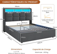 FR.SIKAIC Lits et Cadres de Lit Cadre de Lit en Lin avec Lumières LED et Prise Sommier à Lattes et Rangement Hydraulique Gris