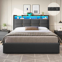 FR.SIKAIC Lits et Cadres de Lit Gris / 160 x 200 cm / Moderne Cadre de Lit en Lin avec Lumières LED et Prise Sommier à Lattes et Rangement Hydraulique Gris