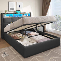 FR.SIKAIC Lits et Cadres de Lit Cadre de Lit en Lin avec Lumières LED et Prise Sommier à Lattes et Rangement Hydraulique Gris