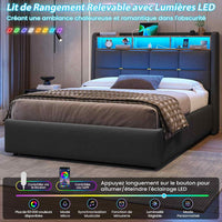 FR.SIKAIC Lits et Cadres de Lit Cadre de Lit en Lin avec Lumières LED et Prise Sommier à Lattes et Rangement Hydraulique Gris