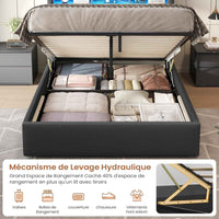 FR.SIKAIC Lits et Cadres de Lit Cadre de Lit en Lin avec Lumières LED et Prise Sommier à Lattes et Rangement Hydraulique Gris