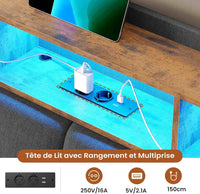 FR.SIKAIC Lits et Cadres de Lit Cadre de Lit en Lin avec Lumières LED et Prise Sommier à Lattes et Rangement Hydraulique Gris