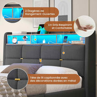 FR.SIKAIC Lits et Cadres de Lit Cadre de Lit en Lin avec Lumières LED et Prise Sommier à Lattes et Rangement Hydraulique Gris