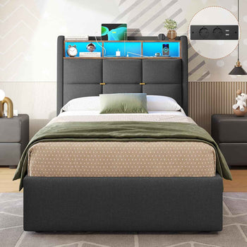 FR.SIKAIC Lits et Cadres de Lit Gris / 90 x 200 cm / Moderne Cadre de Lit en Lin avec Lumières LED et Prise Sommier à Lattes et Rangement Hydraulique Gris