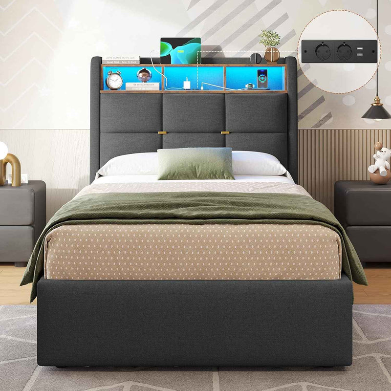 FR.SIKAIC Lits et Cadres de Lit Gris / 90 x 200 cm / Moderne Cadre de Lit en Lin avec Lumières LED et Prise Sommier à Lattes et Rangement Hydraulique Gris