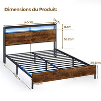 FR.SIKAIC Lits et Cadres de Lit Cadre de Lit en Métal avec Tête de Lit de Rangement LED Multiprise Espace de Rangement sous le Lit Marron