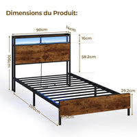 FR.SIKAIC Lits et Cadres de Lit Cadre de Lit en Métal avec Tête de Lit de Rangement LED Multiprise Espace de Rangement sous le Lit Marron
