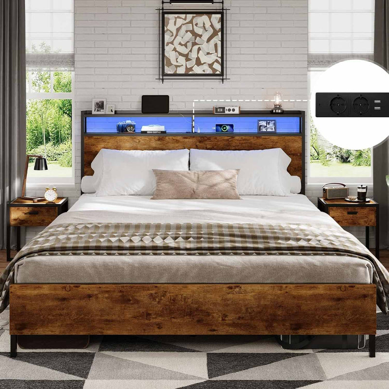 FR.SIKAIC Lits et Cadres de Lit Marron / 140 x 200 cm / Moderne Cadre de Lit en Métal avec Tête de Lit de Rangement LED Multiprise Espace de Rangement sous le Lit Marron