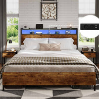 FR.SIKAIC Lits et Cadres de Lit Marron / 140 x 190 cm / Moderne Cadre de Lit en Métal avec Tête de Lit de Rangement LED Multiprise Espace de Rangement sous le Lit Marron